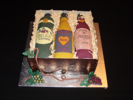 Chocolate Wood Crate, Fondant Wine Bottles, Yellow & Chocolate Cake