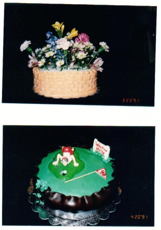 Flowers on Carrot Cake Basket & Fondant Golfers Cake