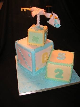 Sugar Flying Stork w/ Baby & Fondant Baby Blocks Cake